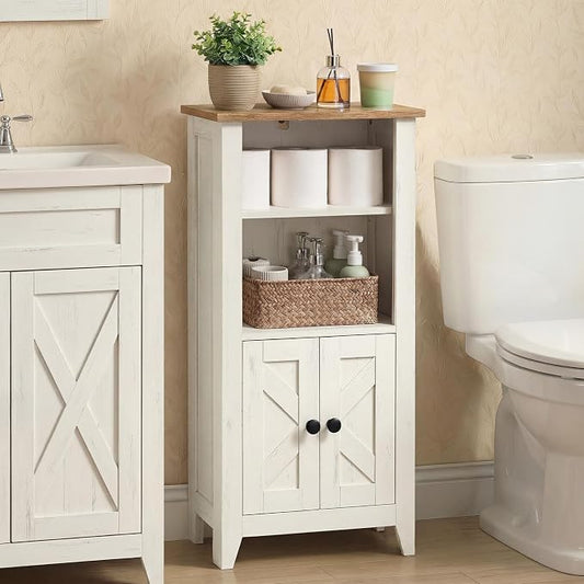 VASAGLE LIRY Collection - Storage Cabinet, Farmhouse Floor Cabinet with Drawers, Freestanding Storage Organizer for Bathroom, Barn Door, Adjustable Shelf, Cloud White and Rustic Brown UBBK313W101S