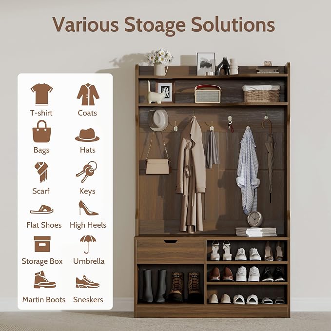 Hall Tree with Bench and Shoe Storage, 5-in-1 Entryway Hall Tree with Coat Rack, Hidden Drawer, 7 Coat Hooks, 3-Tier Shoe Storage for Hallway and Mudroom, Walnut
