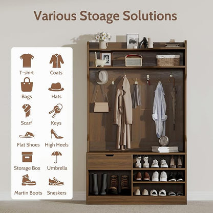Hall Tree with Bench and Shoe Storage, 5-in-1 Entryway Hall Tree with Coat Rack, Hidden Drawer, 7 Coat Hooks, 3-Tier Shoe Storage for Hallway and Mudroom, Walnut