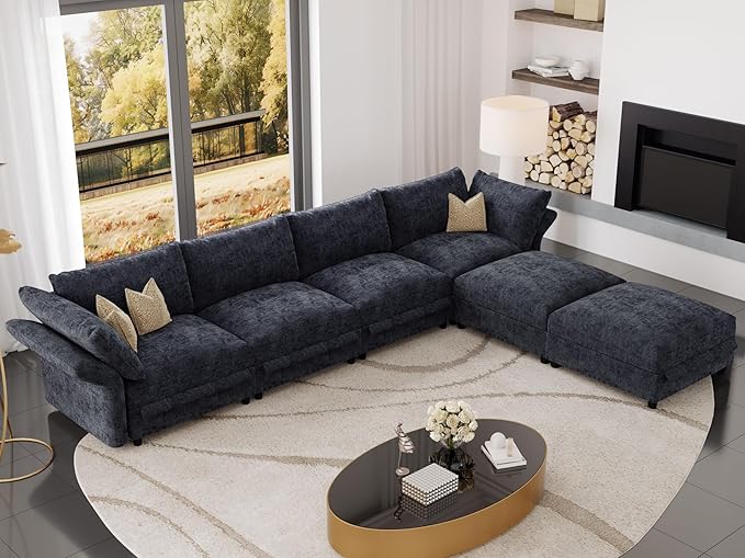 DreamDashio 159" 6-Seat L-Shaped Sectional Sofa for Living Room, Extra Large Modular Cloud Couch with Storage, Adjustable Arms & High Back, Dark Grey Chenille