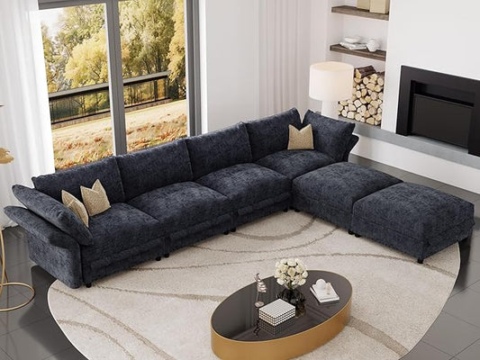 DreamDashio 159" 6-Seat L-Shaped Sectional Sofa for Living Room, Extra Large Modular Cloud Couch with Storage, Adjustable Arms & High Back, Dark Grey Chenille