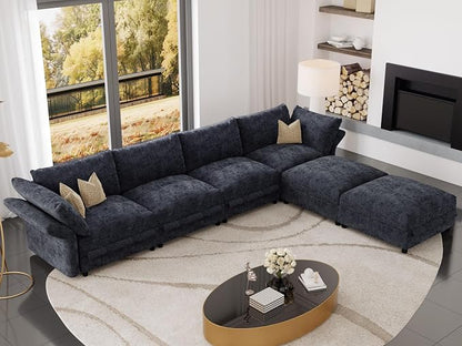 DreamDashio 159" Oversized Cloud Couch Sectional with Storage, Extra Wide Deep Modular Sectional Sofa for Living Room with Adjustable Arms, High Back, U Shaped, 6 Seater, Dark Grey Chenille
