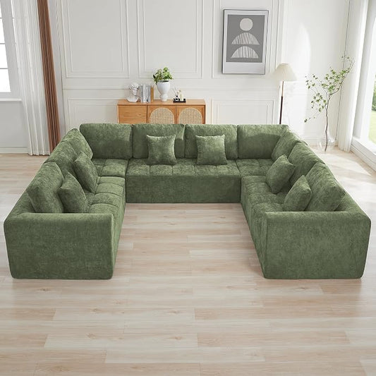 140''Modular Sectional Couches for Living Room, Cloud Boneless Compressed Sectional Sofa, Oversized U Shaped 8 Seater Upholstered Memory Foam Sofa, No Assembly, Chenille Green