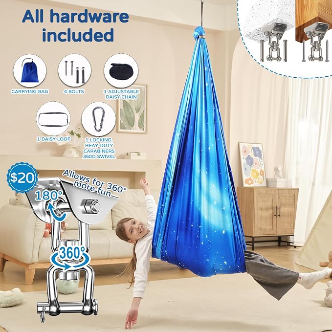 Sensory Swing for Kids Indoor & Outdoor Double Layer Therapy Cuddle Hammock Chair with 360 Swivel Hanger Kit Adjustable Swing for Child and Adult with Aspergers Autism ADHD (Star Blue)