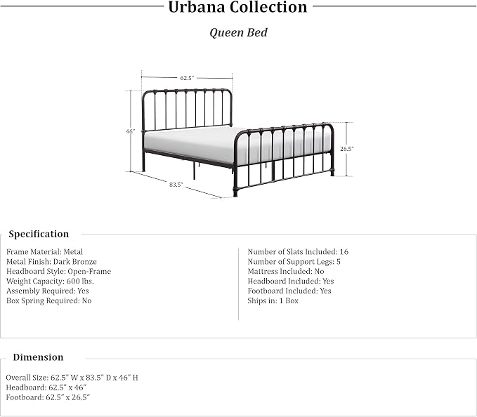 Lexicon Queen Metal Bed Frame, Platform Bed with Strong Metal Slat Support Under Bed Storage, Queen Bed Frame with Headboard, No Box Spring Needed, Easy Assembly, Queen, Dark Bronze