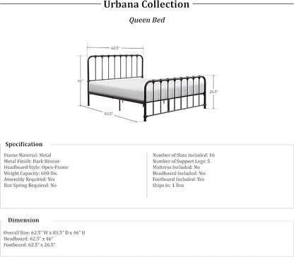 Lexicon Queen Metal Bed Frame, Platform Bed with Strong Metal Slat Support Under Bed Storage, Queen Bed Frame with Headboard, No Box Spring Needed, Easy Assembly, Queen, Dark Bronze