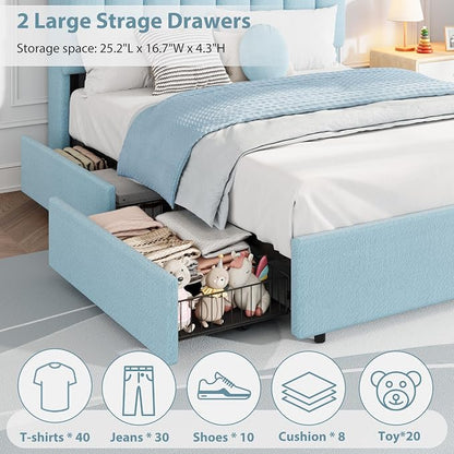Garvee LED Full Size Bed Frame with Storage Headboard, Kids Bed Frame with 2 Drawers, Boucle Upholstered Platform Bed for Girls, Chic Wavy Headboard with Bookcase, No Box Spring Needed, Blue