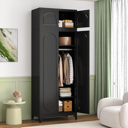 86" Metal Wardrobe Cabinets,Black Armoire Wardrobe Closet with Hanging Rod,Clothes Storage Cabinet with Adjustable Shelves and Doors,Clothing Cabinet for Bedroom, Office, Laundry Room