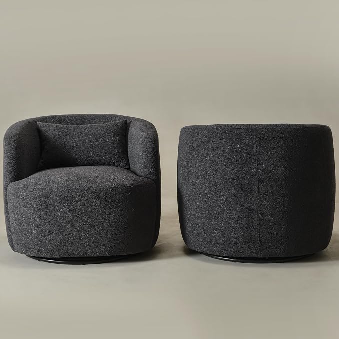 KINWELL 34" Wide Boucle Swivel Barrel Chairs Set of 2, No Assembly Round Upholstered Armchairs Accent Chairs Single Sofa Chair with Toss Pillow for Living Room and Bedroom, Dark Grey