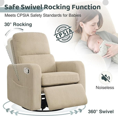 Swivel Rocker Recliner, Oversized Manual Nursery Glider Rocking Recliner Chair with Removable Cushion, Upholstered Corduroy Swivel Reclining Chair for Nursery Living Room Bedroom, Camel