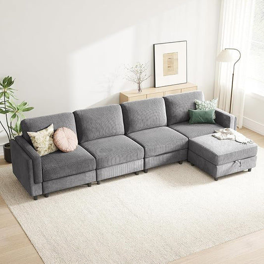 KKL Modular Sectional Sofa Bed with Storage Ottoman, Convertible L/U-Shaped Sleeper Couch for Living Room, Modern Reversible Design(Grey,5 Seater L Shape)