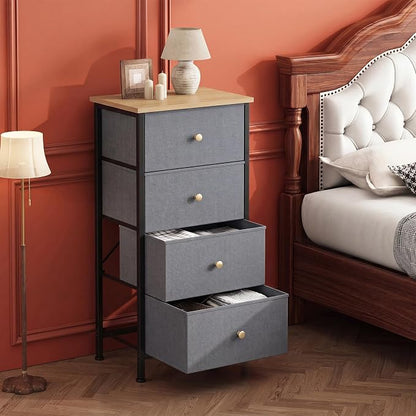 DUMOS Nightstand with 4 Drawers Bedside Table with Removable Fabric Bins Sturdy Steel Frame Wood Top Organizer Furniture for Bedroom Closet Living Room, Dusty Blue