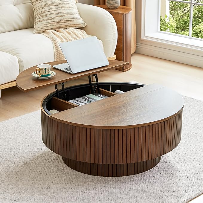 33" Round Coffee Table with Lift-Top & Flip-Top Storage, Modern Accent Fluted Coffee Tables with Metal Frame, Wooden Circle Center Table for Living Room Small Space Apartment Office (Walnut)