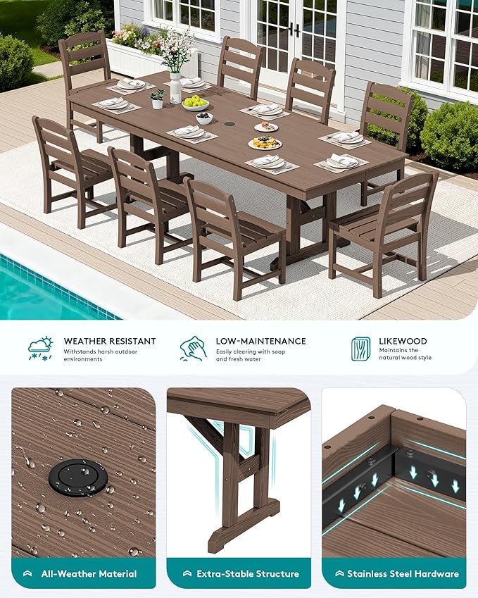 SERWALL 9 Piece 84" HDPE Outdoor Dining Set for 8 with Armless Chairs and Umbrelle Hole, Brown