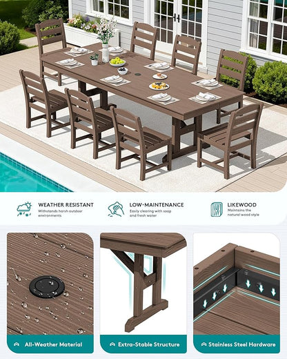 SERWALL 9 Piece 84" HDPE Outdoor Dining Set for 8 with Armless Chairs and Umbrelle Hole, Brown