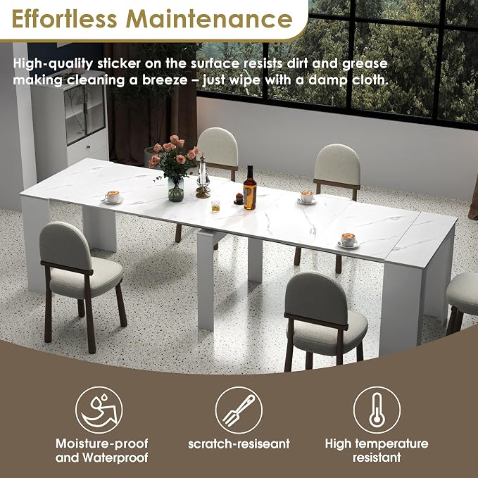 20"-118" White Marble Extendable Dining Table for 2-12 People, Modern Modular Extension Table, Space-Saving Extra Long Folding Dining Table, Multifunctional Conference Meeting Table