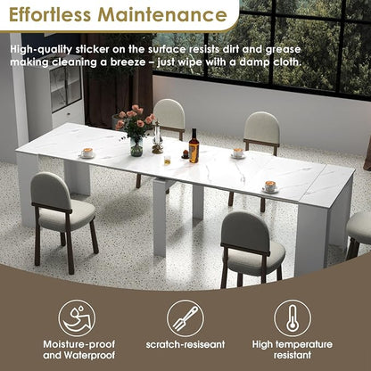 20"-118" White Marble Extendable Dining Table for 2-12 People, Modern Modular Extension Table, Space-Saving Extra Long Folding Dining Table, Multifunctional Conference Meeting Table