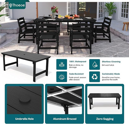 THOEOE 7 Piece Outdoor Dining Set, Patio Dining Table and 6 Chairs, All-Aluminum Frame, All-Weather HDPE Outdoor Furniture with Umbrella Hole for Garden, Lawn, Poolside, Black