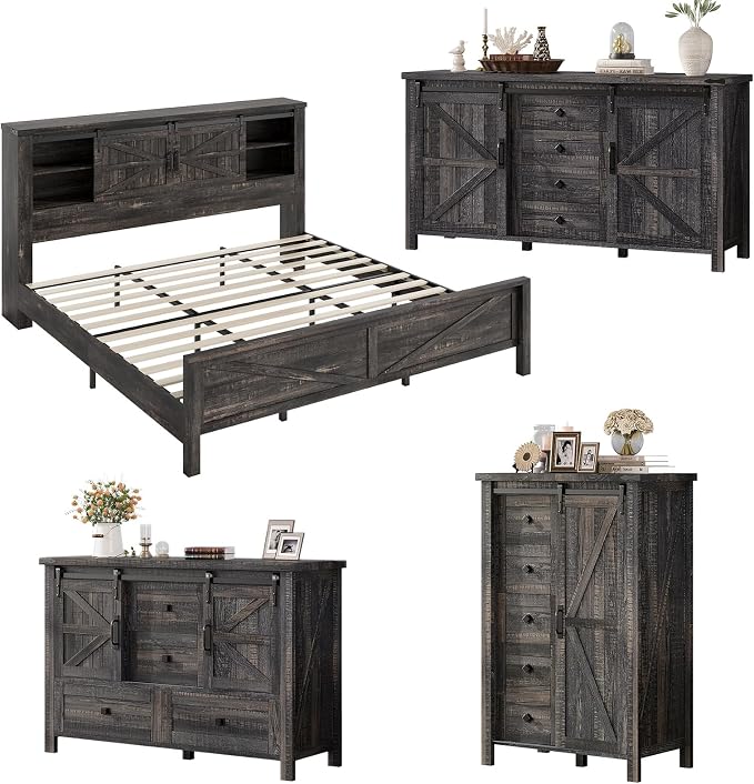 AMERLIFE 4 Pieces Farmhouse Bedroom Set, Includes King Size Bookcase Headboard Bed Frame, 5 Drawer Tall Dresser, 47'' Dresser with 4 Drawers, 60" Dresser with 4 Drawers, Black Oak