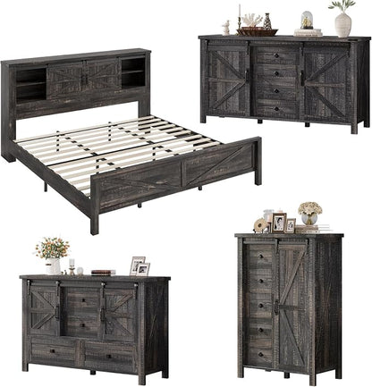 AMERLIFE 4 Pieces Farmhouse Bedroom Set, Includes King Size Bookcase Headboard Bed Frame, 5 Drawer Tall Dresser, 47'' Dresser with 4 Drawers, 60" Dresser with 4 Drawers, Black Oak