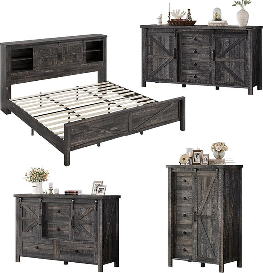 AMERLIFE 4 Pieces Farmhouse Bedroom Set, Includes King Size Bookcase Headboard Bed Frame, 5 Drawer Tall Dresser, 47'' Dresser with 4 Drawers, 60" Dresser with 4 Drawers, Black Oak