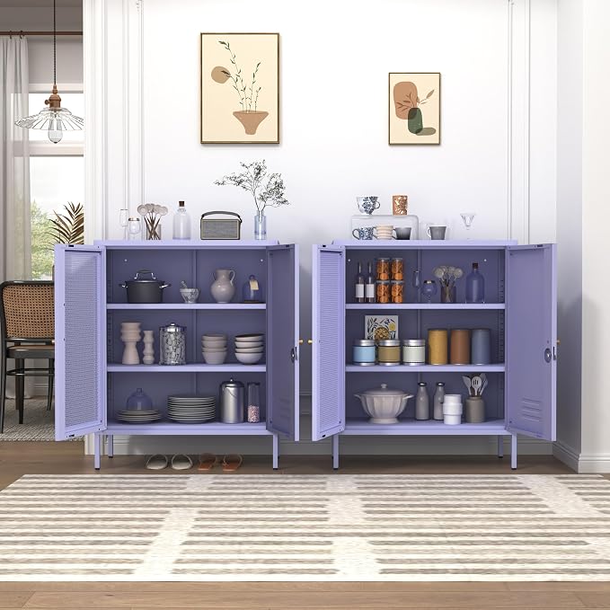 Purple Metal Storage Cabinet with Adjustable Shelf, Lockable 2 Door Sideboard, Multipurpose Widened Storage Locker for Kitchen Home Bedroom Living Room Office 33" H X 29.5" W X 13.8" D