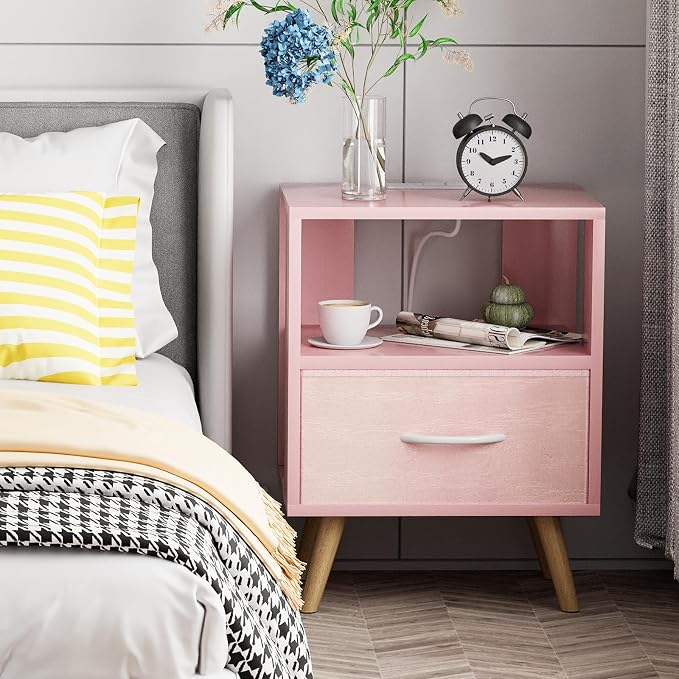 Aenuert Night Stand with Charging Station, Pink Kids Nightstand with Drawer, 2-Tier Nursery Bedside Table with USB Ports and Outlets, End Table for Small Space, Living Room, Bedroom