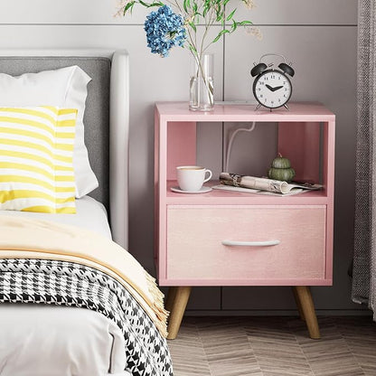 Aenuert Night Stand with Charging Station, Pink Kids Nightstand with Drawer, 2-Tier Nursery Bedside Table with USB Ports and Outlets, End Table for Small Space, Living Room, Bedroom