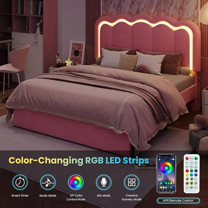SHA CERLIN Upholstered Full Size Bed Frame with LED Lights and Large Storage Drawer, Velvet Platform Bed with Adjustable Wavy Headboard, Noise Free, Easy Assembly, No Box Spring Needed, Soft Pink