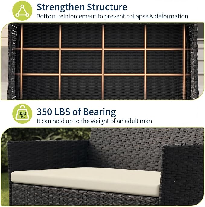 3 Piece Patio Furniture Set, Outdoor Patio Wicker Sofa Set with Upholstery and Glass Storage Coffee Table, All Weather Conversation Rattan Set for Garden, Porch, Lawn, Pool, Black+White