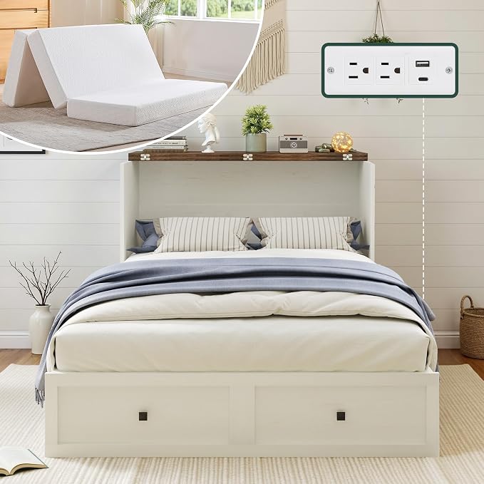 LUXOAK Full Murphy Bed with 6" Tri-Fold Memory Foam Mattress, Storage Drawer & Charging Station, Space-Saving Design for Home Office or Guest Room, White