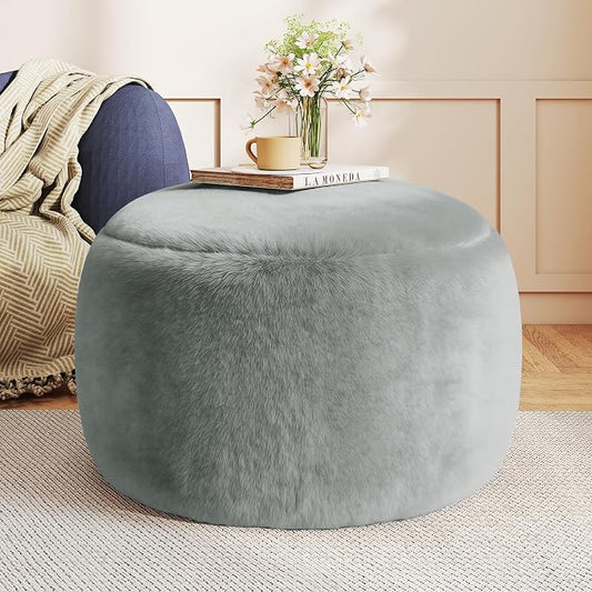 Gericco Round Pouf Ottoman Foot Rest, 29 X 18Inch Floor Poufs Footstool, A Round Modern Foam Filled Foot Stool for Living Room, Home, Nursery, Dorm (Grey, 29Inch)