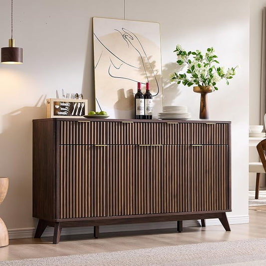 T4TREAM 60 Inch Fluted Buffet Sideboard Cabinet, Dark Walnut | Modern Coffee Bar Storage Cabinet With 3 Drawers & 4 Doors, for Dining Room, Living Room, Hallway, Adjustable shelves