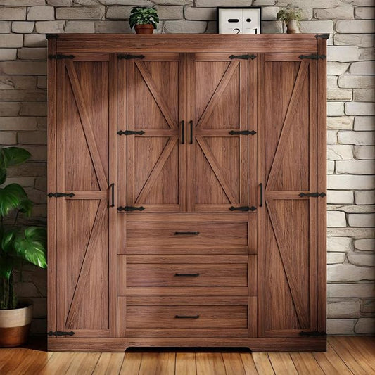 70" Tall Armoire Wardrobe Closet with 4 Doors & 3 Drawers, Farmhouse Bedroom Storage Cabinet with Hanging Rod, Freestanding Wooden Armoire Wardrobe Closet, Brown