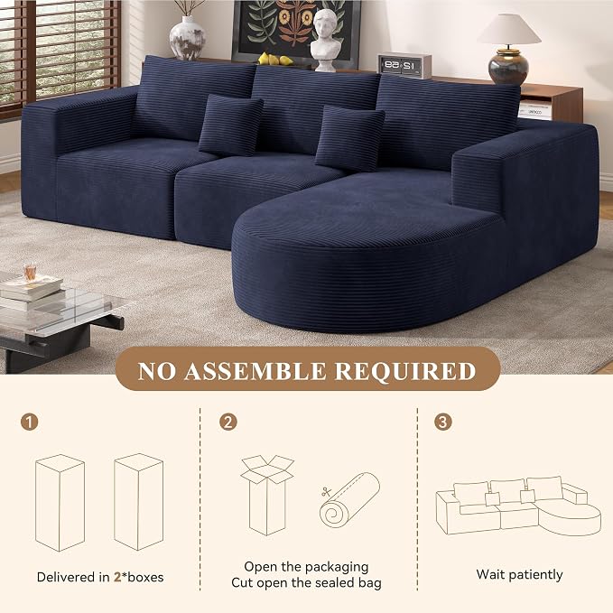 L-Shaped Boneless Couch,104" Couches for Living Room with Curved Chaise,Modular Sectional Sofa with Deep Seat,Modern Cozy Cloud Compression Sofas,No Assembly Required(Blue) 1PCS