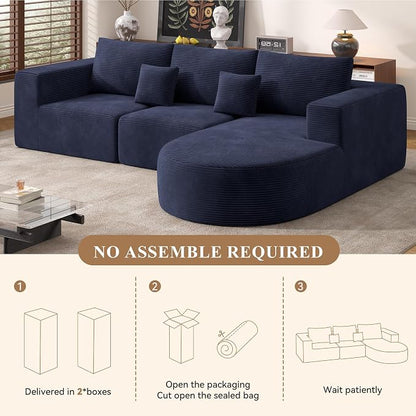 L-Shaped Boneless Couch,104" Couches for Living Room with Curved Chaise,Modular Sectional Sofa with Deep Seat,Modern Cozy Cloud Compression Sofas,No Assembly Required(Blue) 1PCS