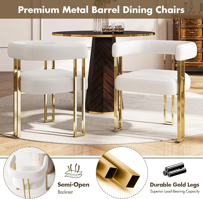 Hyfirm Set of 4 Beige and Gold Modern Dining Chairs, Velvet Upholstered Barrel Armchairs with Metal Legs for Kitchen Island, Mid Century Accent Chairs for Dining Room Living Room, Open-Back