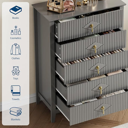 GarveeHome Fluted Dresser for Bedroom, 42.9" Tall 5-Drawer Wood Dresser, Modern Chest of Drawers, Storage Organizer Cabinet for Living Room, Hallway, Entryway, Grey