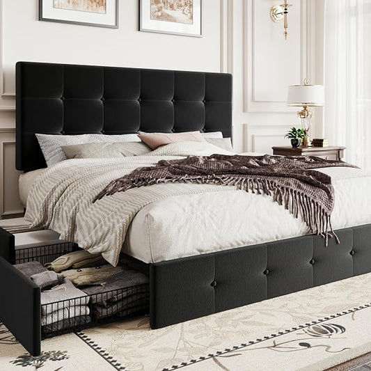 SHA CERLIN Queen Platform Bed Frame with 4 Oversized Storage Drawers, Adjustable Headboard with Velvet Upholstery, Square Button Tufted Design, Wooden Slat Support, No Box Spring Needed, Black