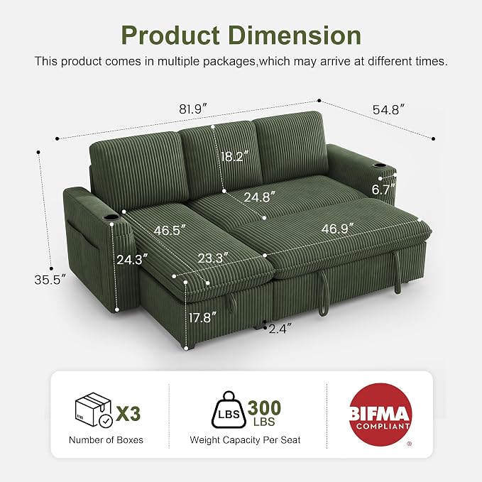 Sectional Sleeper Sofa with Pull Out Bed, Plush Corduroy Sectional Sofa with Storage Chaise and Adjustable Backrest, Cloud Sectional Couches for Living Room, Apartment, Green