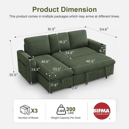 Sectional Sleeper Sofa with Pull Out Bed, Plush Corduroy Sectional Sofa with Storage Chaise and Adjustable Backrest, Cloud Sectional Couches for Living Room, Apartment, Green