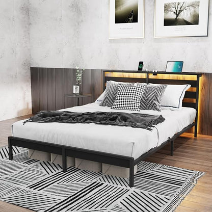 Full Size Metal Platform Bed Frame with LED Headboard & Storage Shelf, Modern Black Metal Bed with USB Charging, No Box Spring Needed, Sturdy Slat Support for Bedroom（Black,Full）