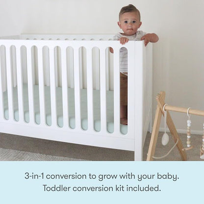 Newton Baby Galileo Standard Crib, Solid Beech Wood in White Color, 3-in-1 Convertible Crib with Toddler Bed Conversion Kit, Ultra-Safe Non-Toxic Finish