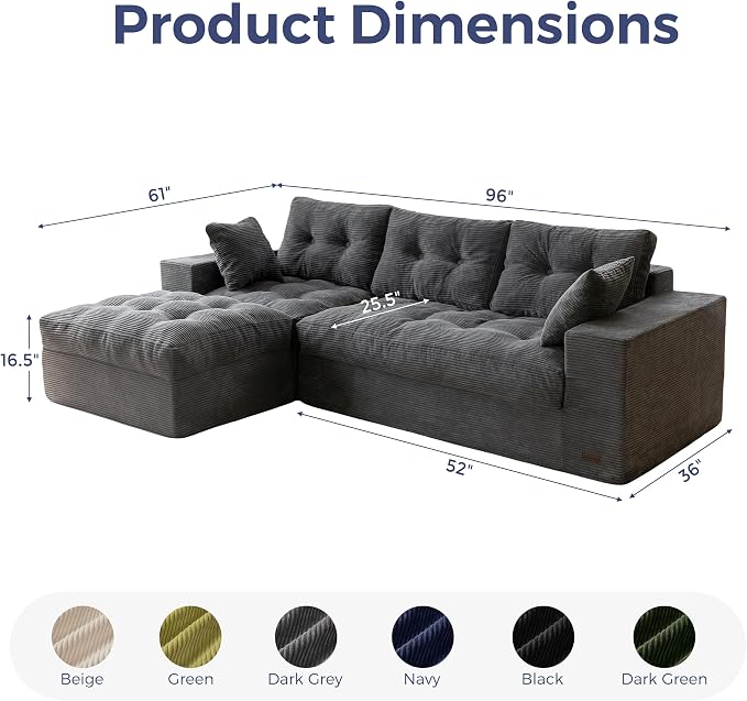 MAXYOYO 96" L Shaped Modular Sectional Sofa with Ottoman, Cloud Boneless Couch with Layered Cushion, Upholstered Sofa in a Box, Flexible Module Combination for Living Room, No Assembly, Dark Grey
