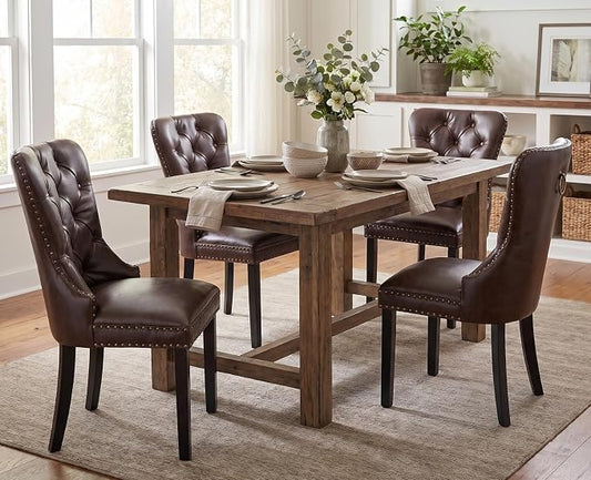 CIMOTA Dark Brown Leather Dining Chairs Set of 4 Mid Century Modern Dining Room Chairs Tufted Upholstered Kitchen Dining Chairs Comfortable Side Chairs with Nailhead Trim/Ring Back (PU Espresso/4PCS)
