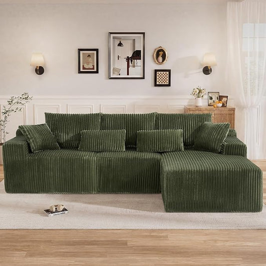 110" L Shaped Cloud Boneless Sectional Couches for Living Room, Modern Comfy Modular Deep Seat Memory Foam Compressed Corduroy Sofa Oversized Right Facing Chaise, No Assembly Required, Green