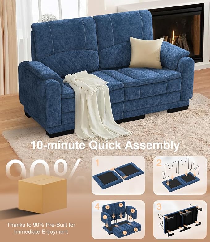 Yolsali Boneless Loveseat Sofa, High-Density Cloud-Like Double Cushion Floor Sofa Couch, Chenille Small Boneless Couch for Living Room, 850 lb Support, Raised Backrest, Ergonomic, Easy Assembly, Blue