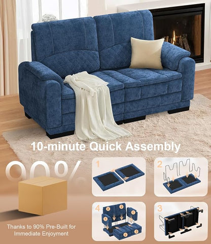 Yolsali Boneless Loveseat Sofa, High-Density Cloud-Like Double Cushion Floor Sofa Couch, Chenille Small Boneless Couch for Living Room, 850 lb Support, Raised Backrest, Ergonomic, Easy Assembly, Blue