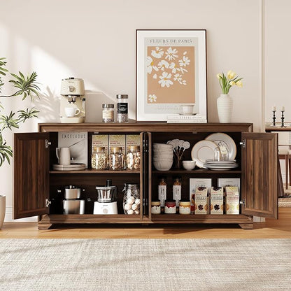 ONBRILL 60" Buffet Cabinet with Storage, 4 Doors Sideboard Buffet Cabinet with Adjustable Shelves, Modern Coffee Bar Console Table for Living Room, Kitchen, Entryway, Brown