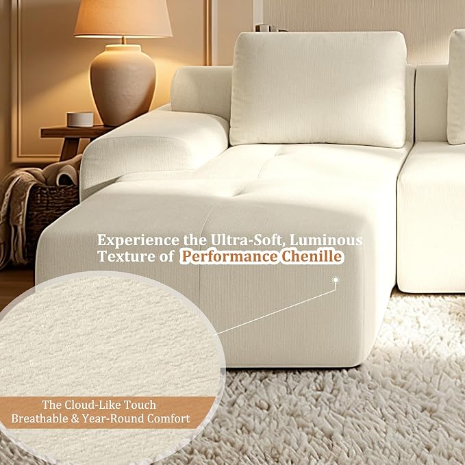 122" Oversized Boneless Couch, Comfort Cloud Sectional Couches for Living Room, Modular Sofa High Back & Extra Deep Seat, No Assembly, Soft Chenille Fabric (Warm White, 122 inch-（3+0）)